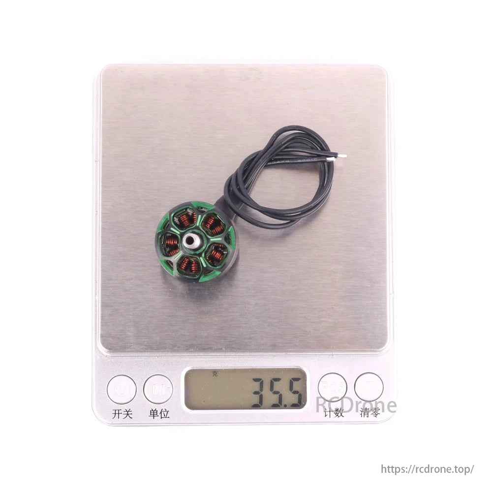 SKYSTARS 2207 1950KV Brushless Motor, Brushless motor on scale, displaying weight of 35.5 grams.