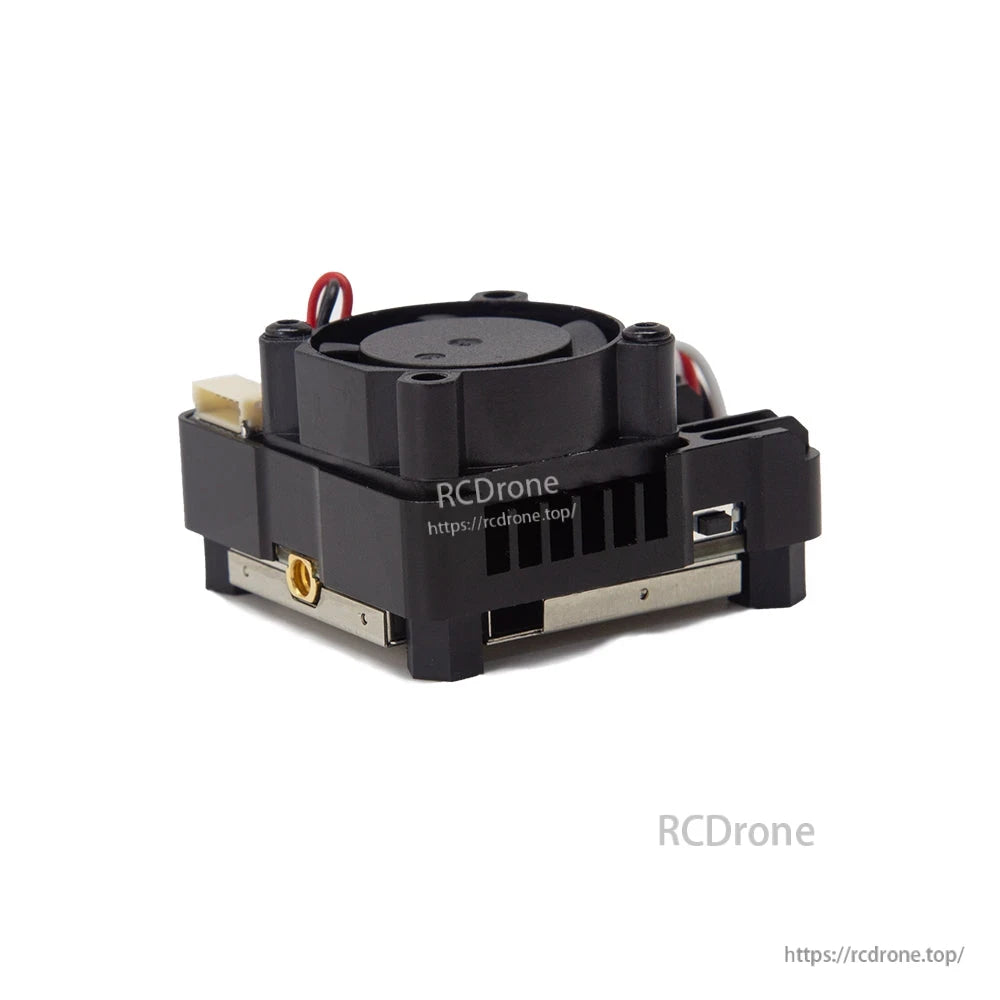 Side view showing vented housing, antenna connector and side port on the VTX cooling fan assembly