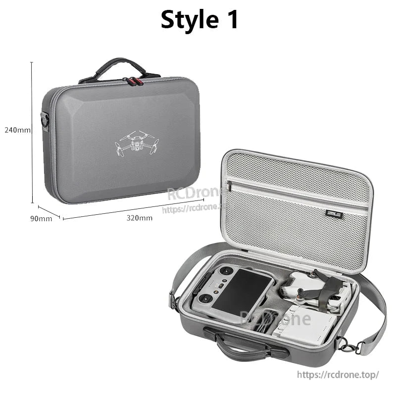 STARTRC case for DJI Mini 4 Pro, fits RC 2 controller and accessories, sized 320x240x90mm.