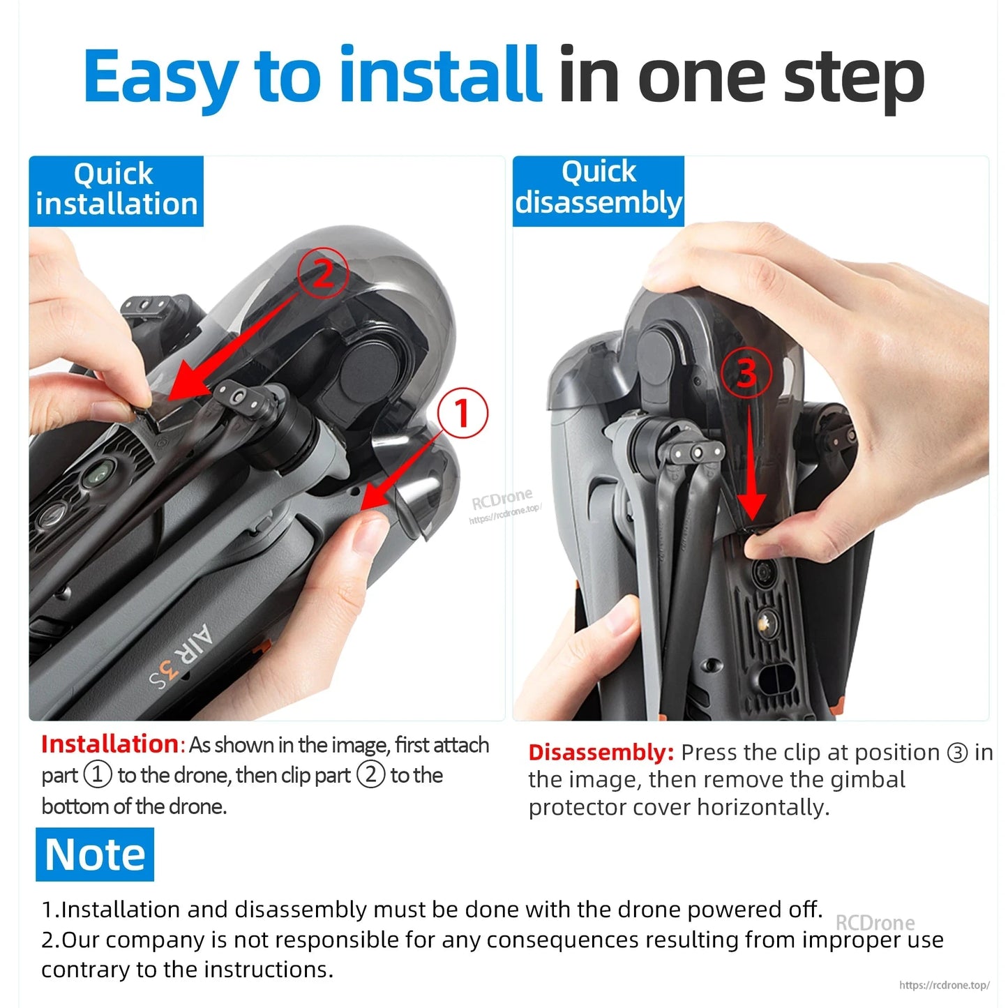 Easy install/remove for DJI Air 3S gimbal protector: attach, clip, press. Use only when drone is off. Warranty void if misused. (24 words)