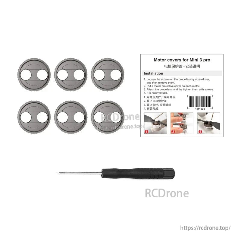 STARTRC Motor Protective Cover, 6-pack ABS motor covers for Mini 3 Pro with screwdriver. Easy install: loosen screws, attach covers, reinstall props. Includes guide and barcode.