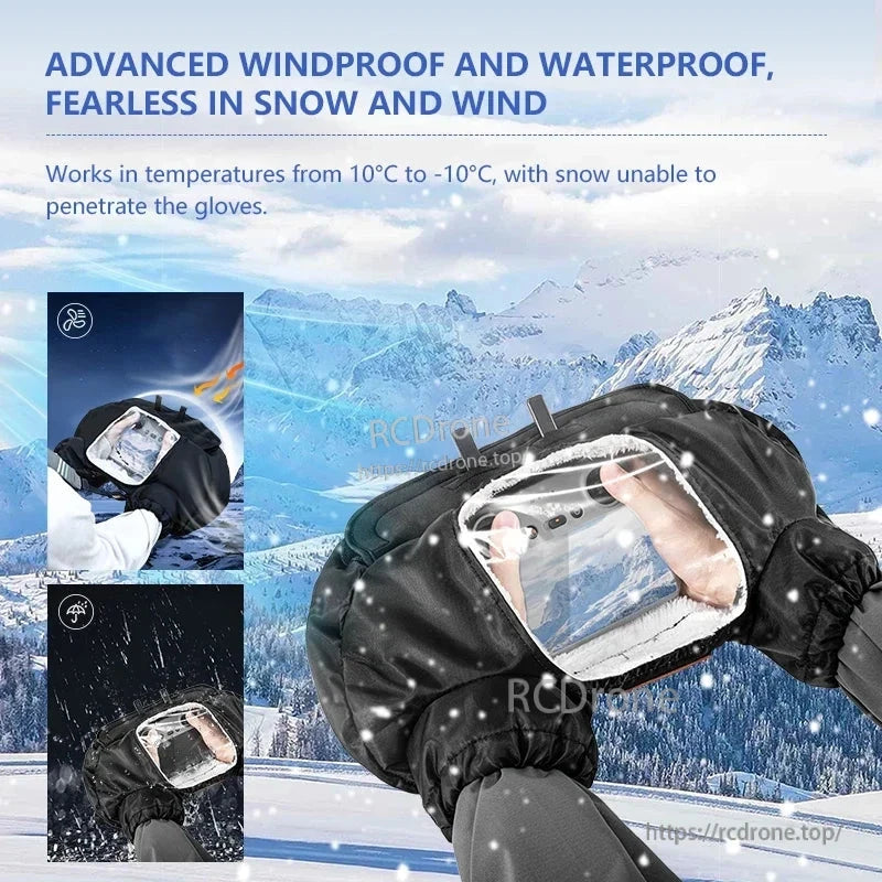 Windproof, waterproof gloves for DJI controllers, ideal for -10°C to 10°C, with anti-fog touchscreen compatibility, ensuring reliable winter operation and comfort.