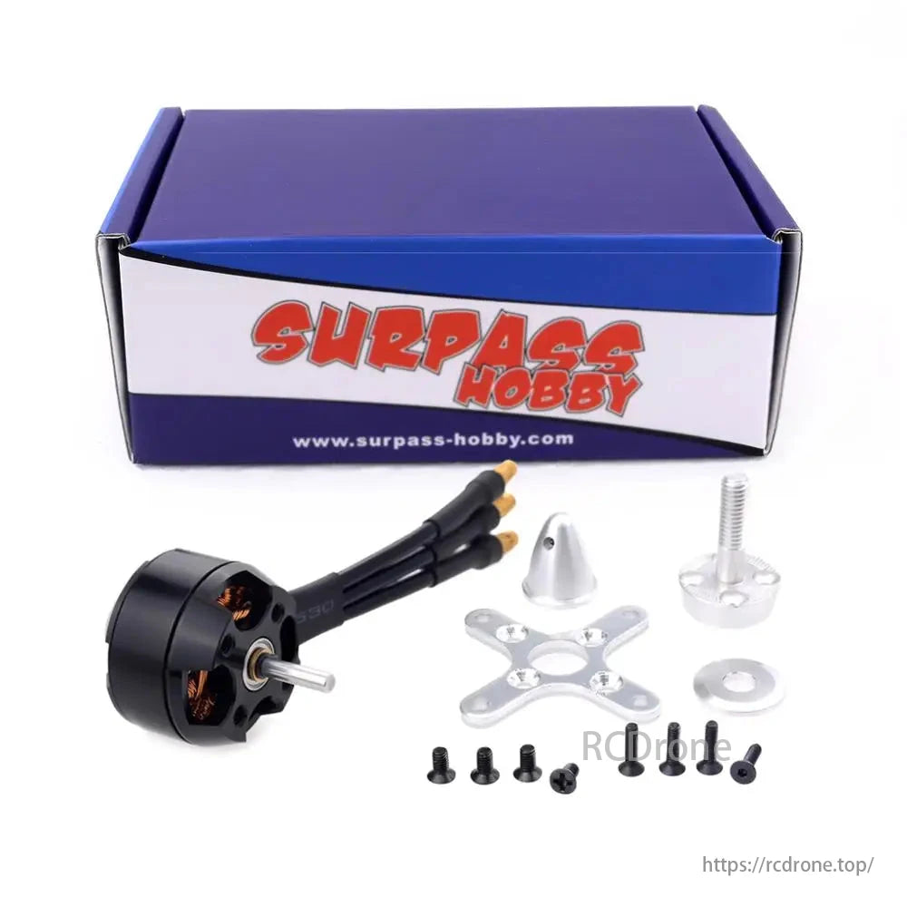 SURPASS HOBBY C2204 Brushless Motor for RC 3D Fixed-Wing Airplane, includes accessories and packaging.