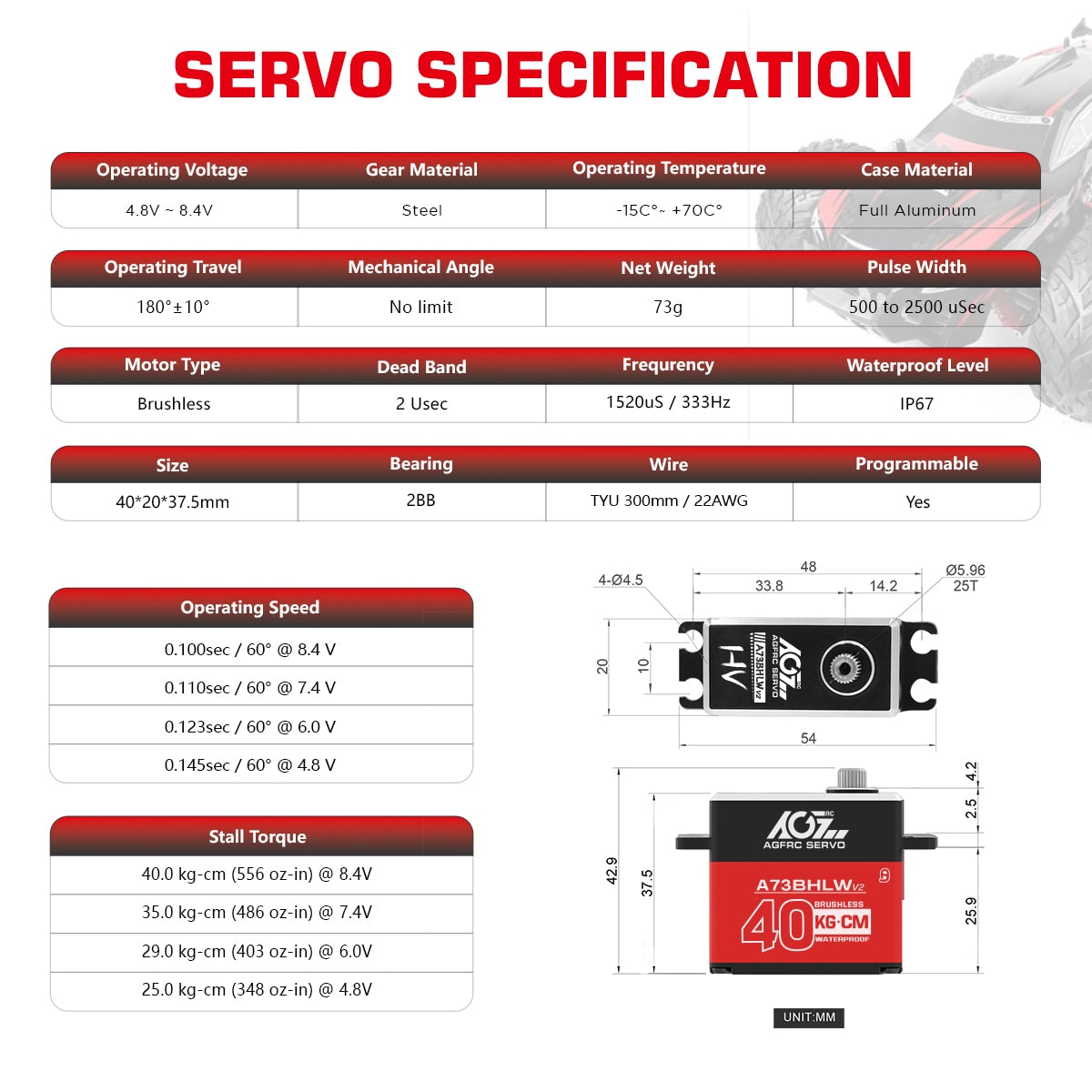 AGFRC A73BHLW V2 Servo, 4.8V 8.4v Steel -15C' +70C? Full Aluminum Operating