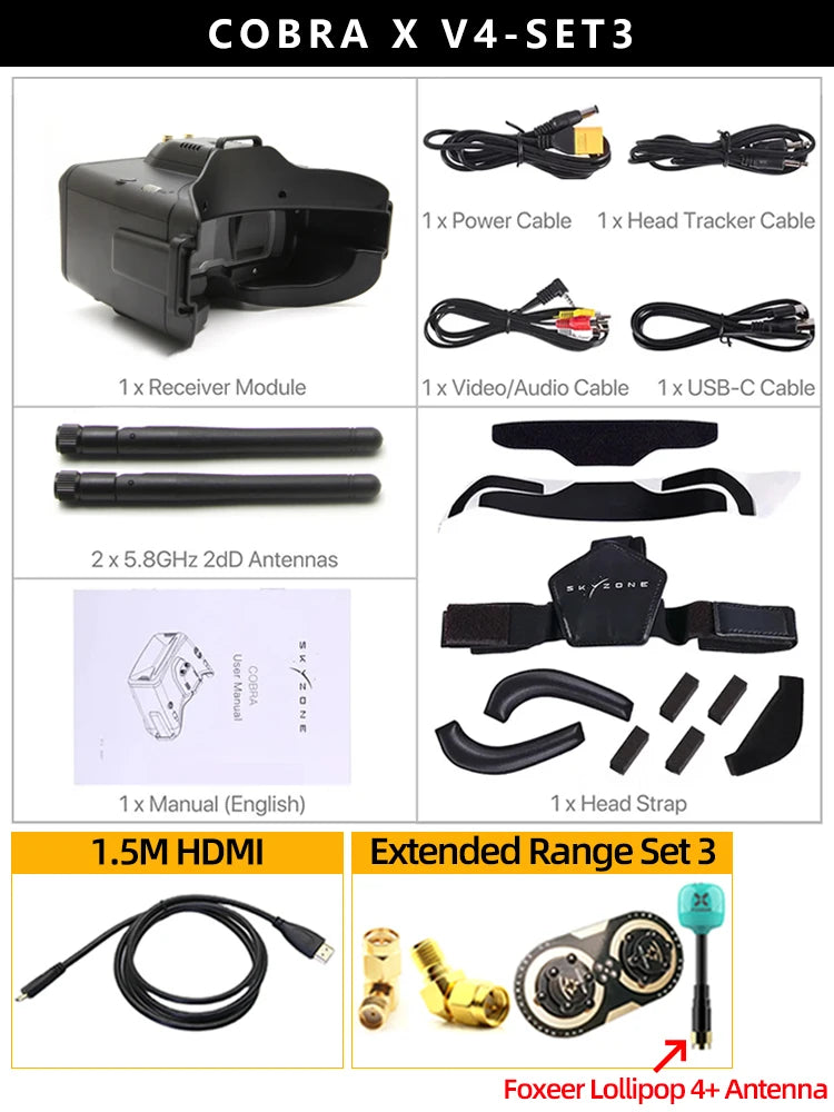 SKYZONE Cobra X V4 Goggle, COBRA X V4-SET3 1 x Power Cable 1x Head Tracker