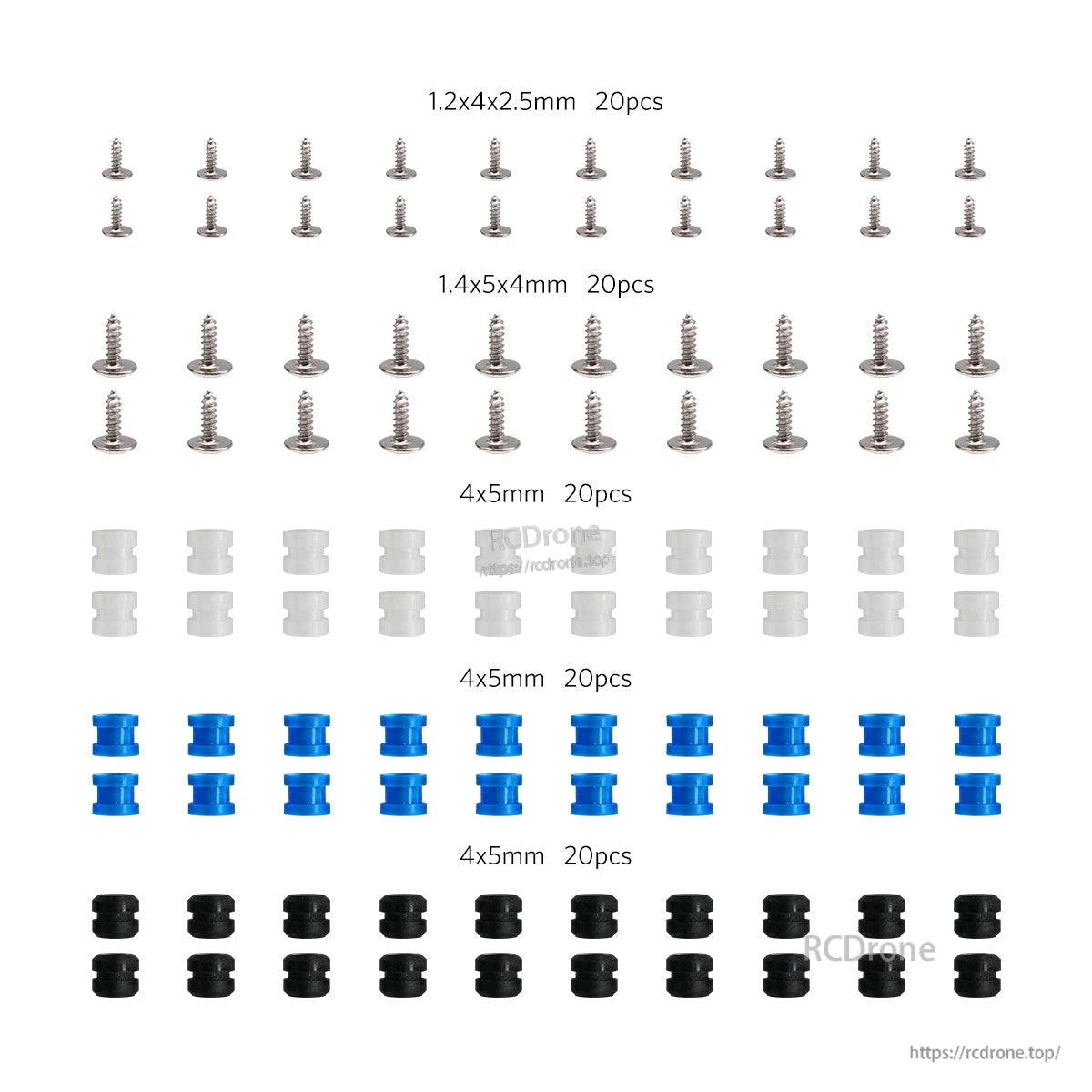 Labeled layout of screws and 4x5mm rubber dampers in white, blue, and black, quantities shown per row