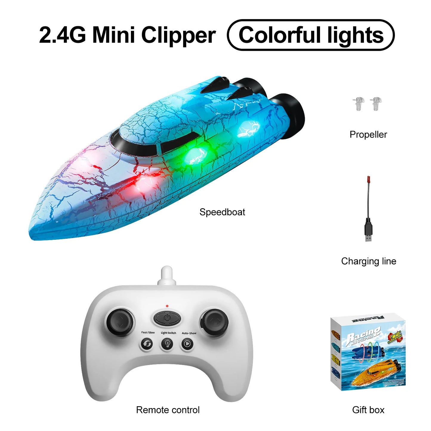 Mini Remote Controlled Boat, Mini remote controlled boat with LED lights, 2.4G frequency, and 15m range, perfect for pool or bathtub play.