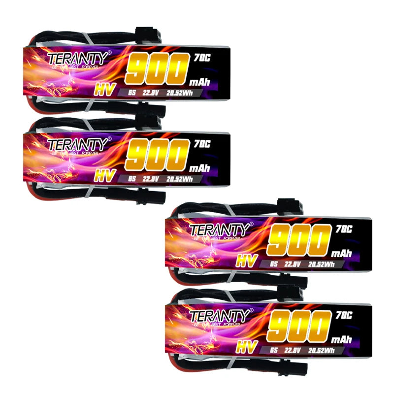 Teranty 6S HV 22.8V 900mAh 70C/140C Lipo Battery, High-performance lithium-polymer battery for FPV drones, offering 70C and 140C discharge rates.