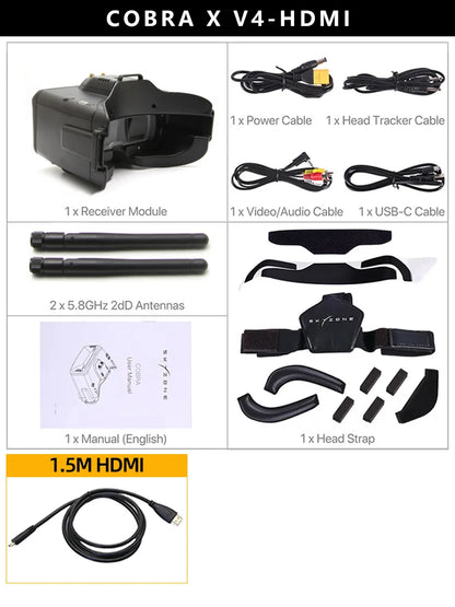 SKYZONE Cobra X V4 Goggle, COBRA X V4-HDMI 1 x Power Cable 1x Head Tracker