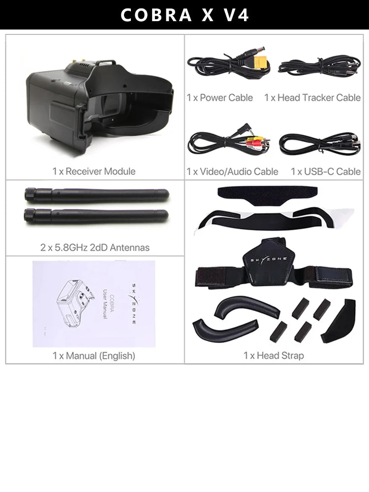 SKYZONE Cobra X V4 Goggle, COBRA X V4 1 x Power Cable 1x Head Tracker Cable 1 