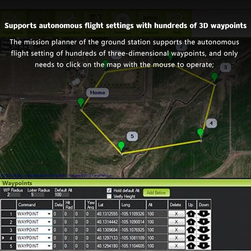 the mission planner of the ground station supports the autonomous flight setting of hundreds of waypoints
