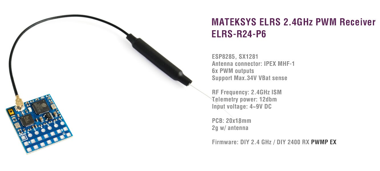 MATEK R24-P6, MATEKSYS ELRS 2.4GHz PWM Receiver ESP8285