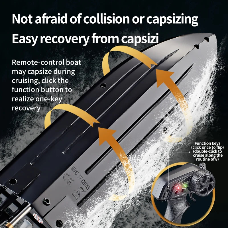 The ANTSIR HJ812 RC Boat features a 2.4GHz remote control with 120m range and 25km/h speed.