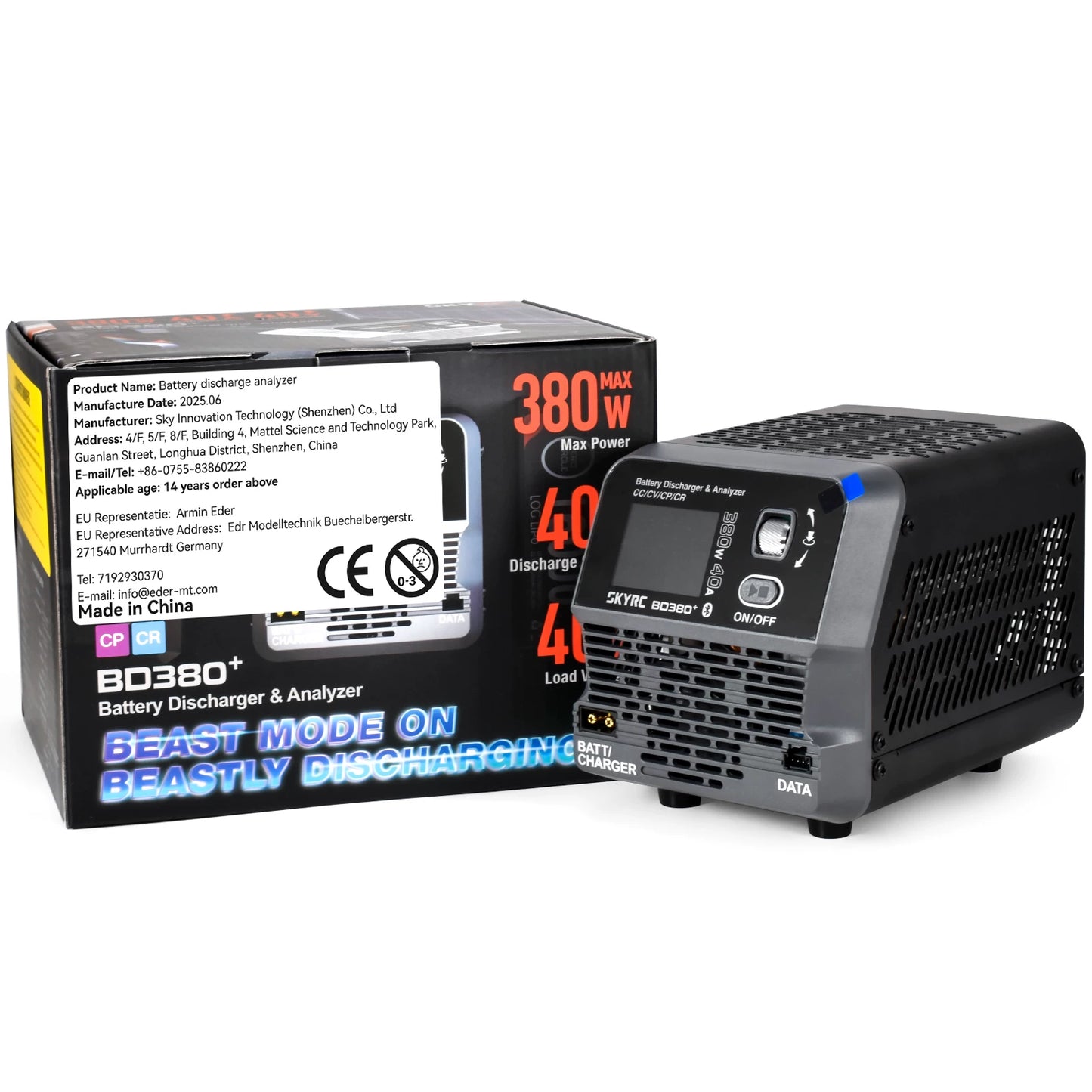 SkyRC BD380+ battery discharger and analyzer with display, on/off button, and BAT/CHARGER and DATA ports