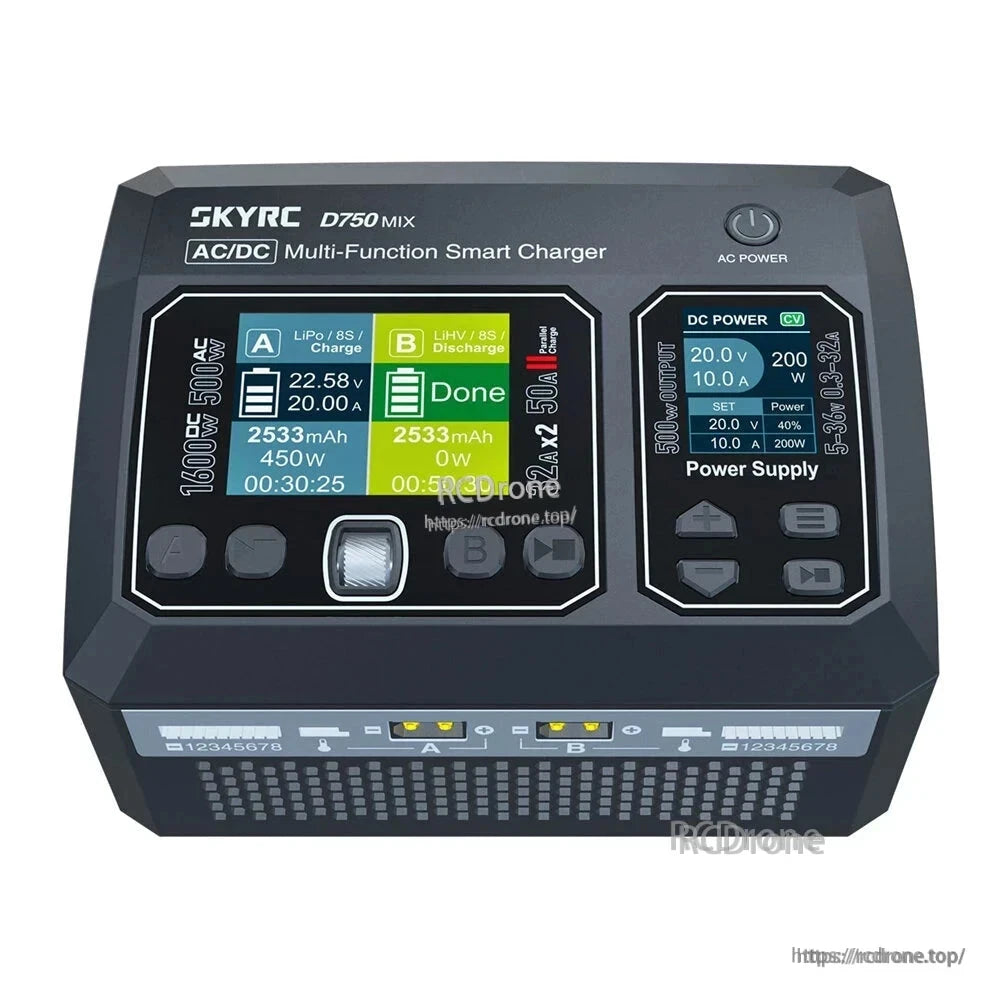 SkyRC D750 MIX AC/DC smart charger with dual LCD status screens and front control buttons