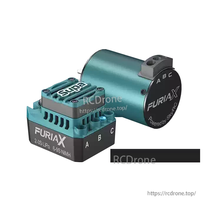 Supa 3650 motor with FuriaX ESC angled view showing motor endbell, mounting tabs, and labeled terminals