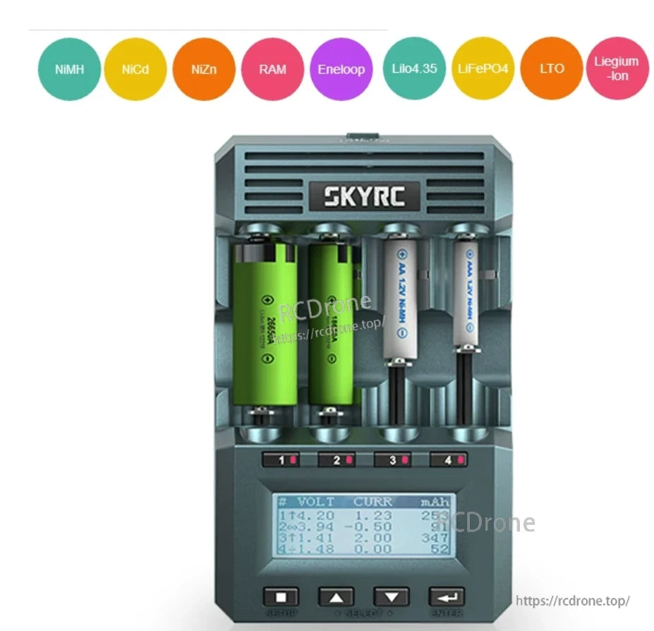 SkyRC MC3000 universal battery charger with four independent slots and LCD screen showing voltage, current and mAh