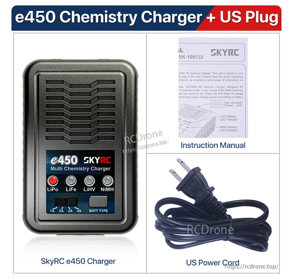 SkyRC e450 multi chemistry balance charger with LiPo/LiFe/LiHV/NiMH modes, plus US power cord and manual