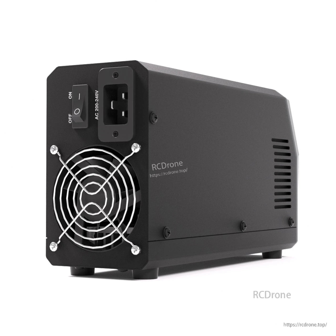 Rear view of SkyRC eFUEL PSU2000 adjustable DC power supply with AC 200–240V inlet, rocker switch, and cooling fan.