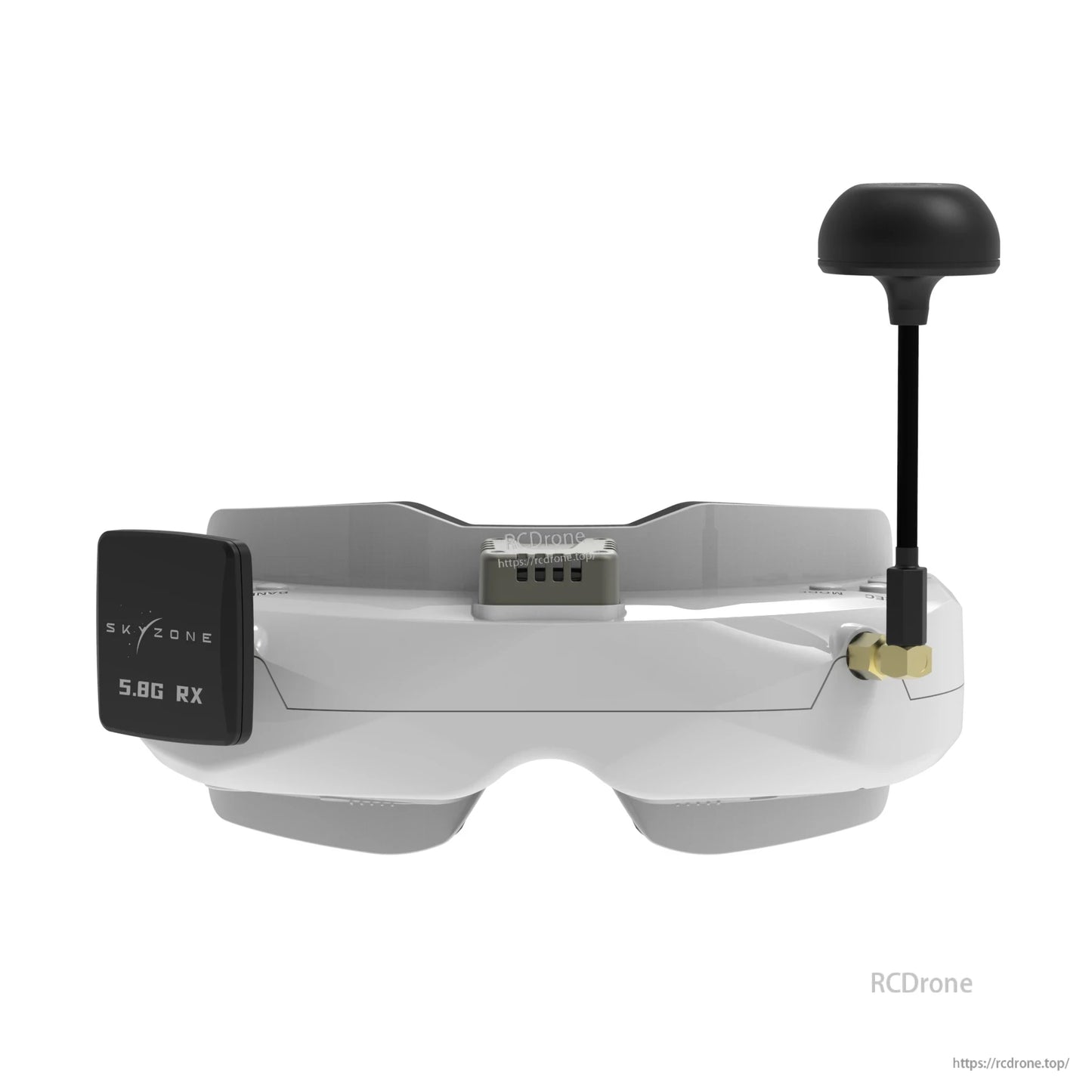 Front view of white FPV goggles with 5.8G RX receiver module and antenna mounted on the right