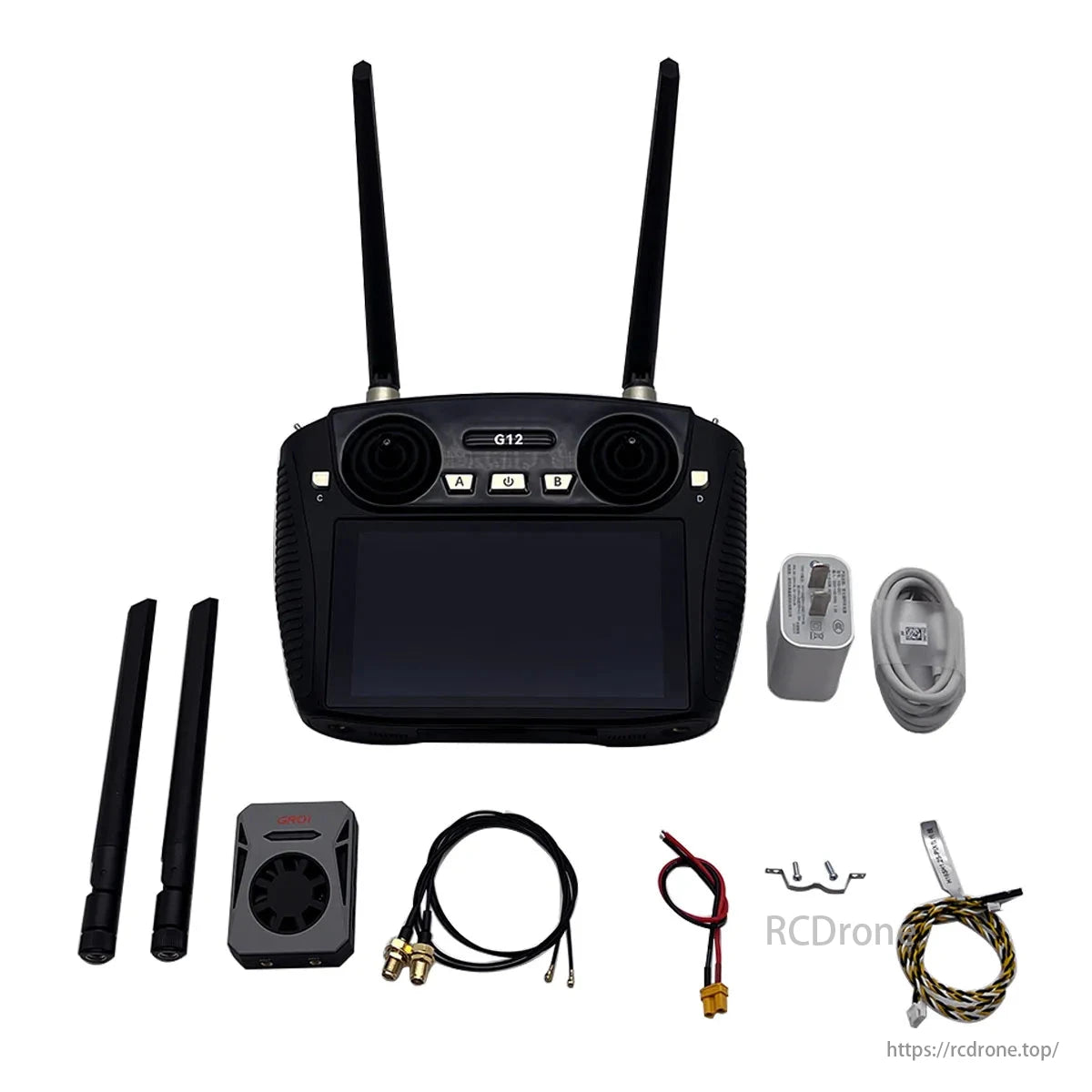 Skydroid G12 Remote Controller, G12 remote control includes antennas, screen, buttons, charger, cables, and accessories for drone operation.