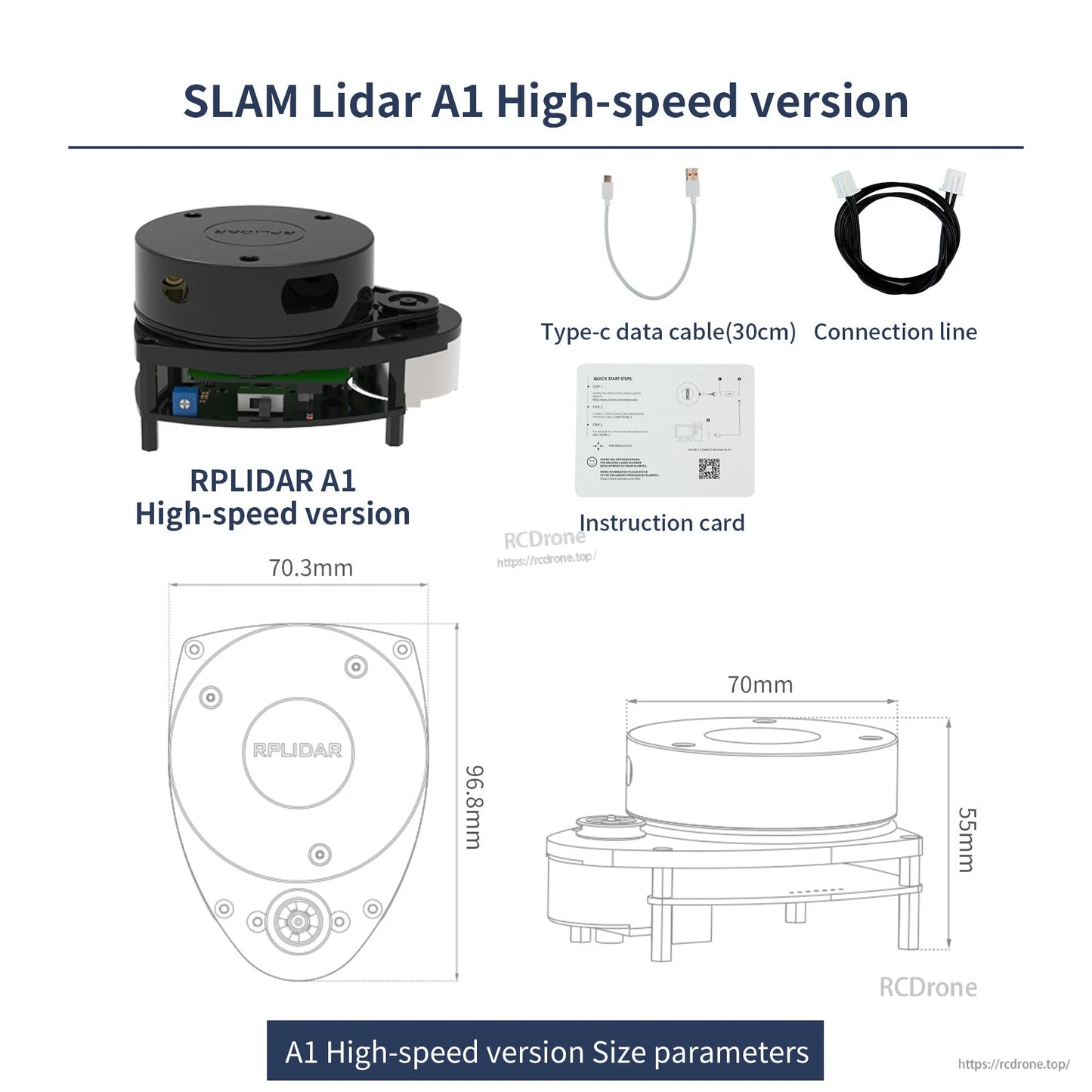 RPLIDAR A1 high-speed version kit with Type-C data cable, connection line, and size parameter drawings