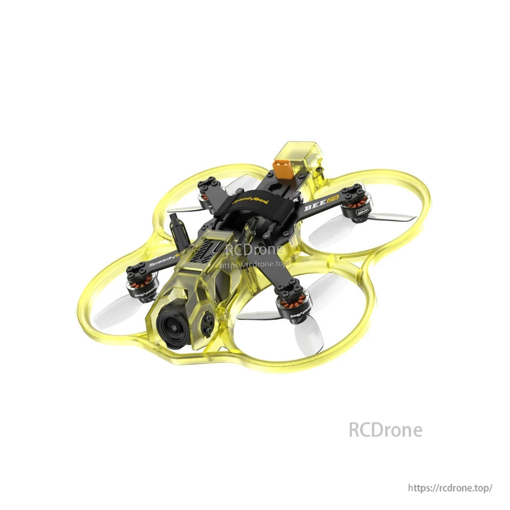 SpeedyBee BEE25 Multi-Color Injection Molded Parts, SpeedyBee BEE25 cinewhoop-style quad with translucent yellow injection-molded ducts and canopy around a front camera