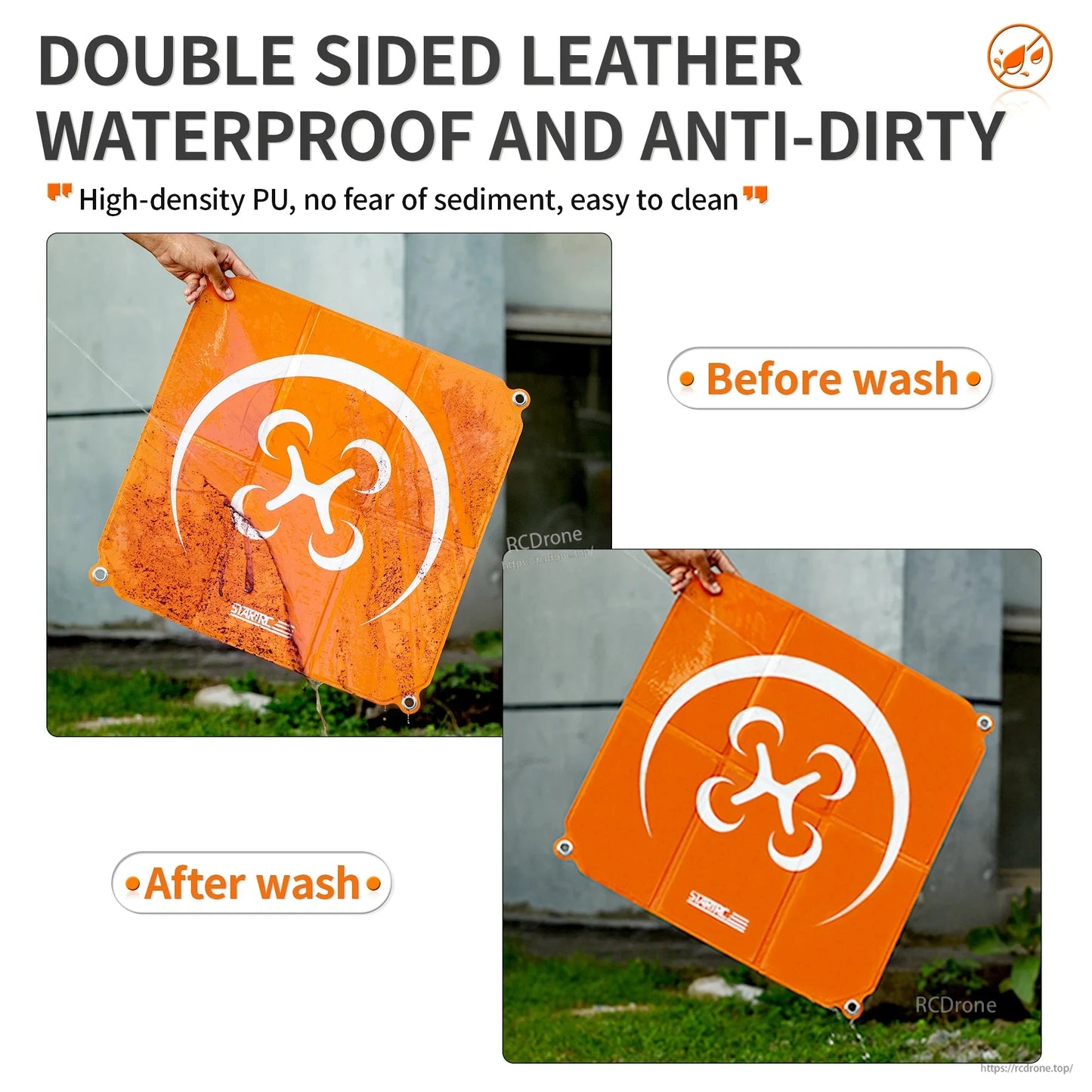 StartRC Drone Landing Pad, Double-sided leather, waterproof, anti-dirty, high-density PU, easy to clean, effective dirt removal, orange pad with white logo, foldable for convenience. (24 words)