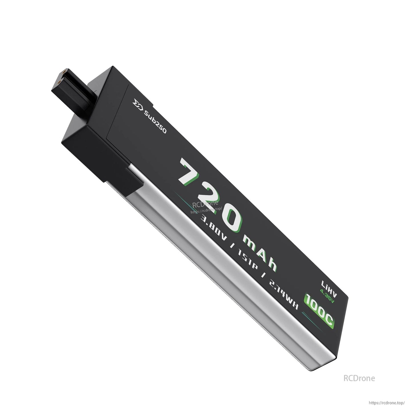Close angled view of Sub250 720mAh LiHV battery highlighting the connector end and slim profile