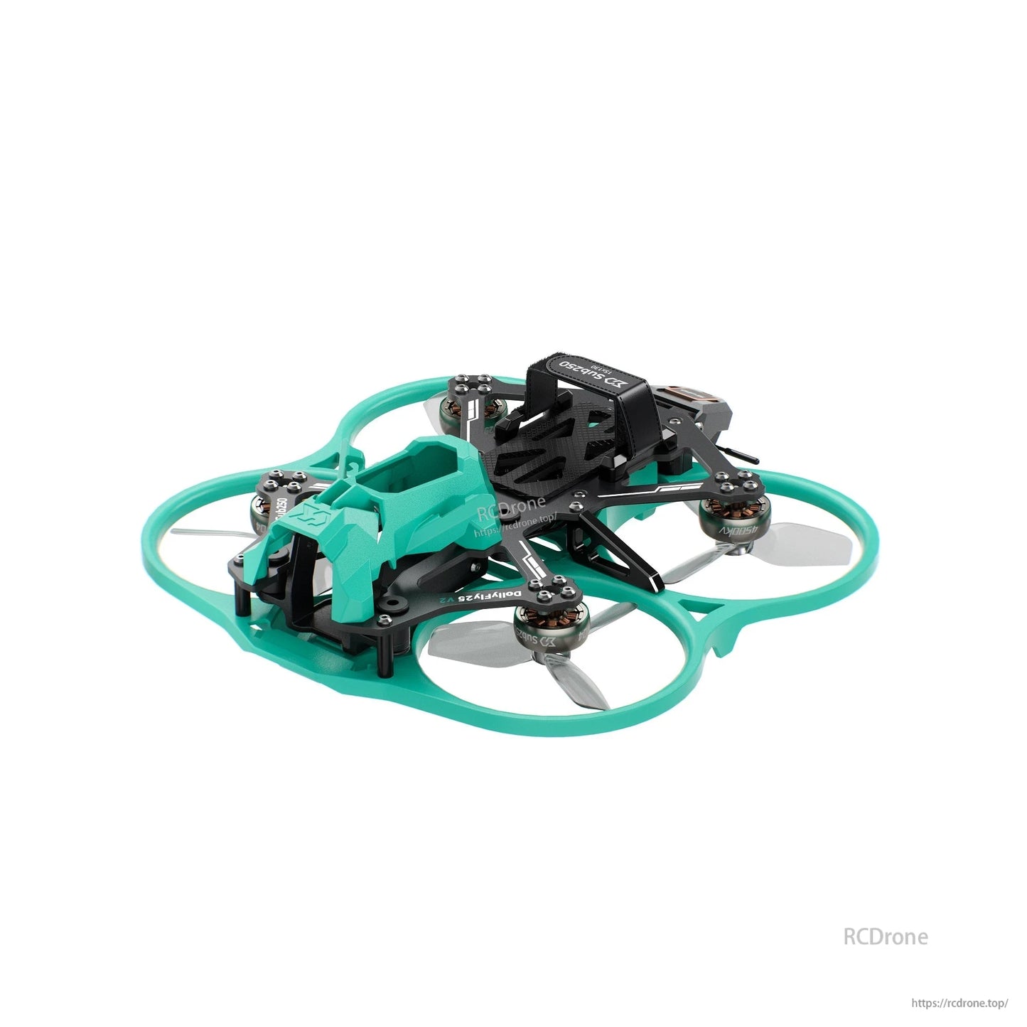 Rear-left angle view of cinewhoop drone highlighting duct guards, frame cutouts, and mounting points