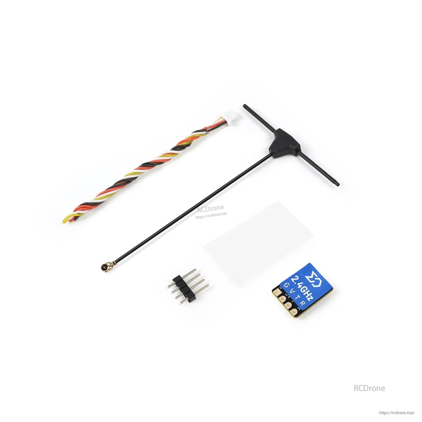 Package contents: nano receiver module, T-antenna, wiring harness, pin header, and adhesive pad