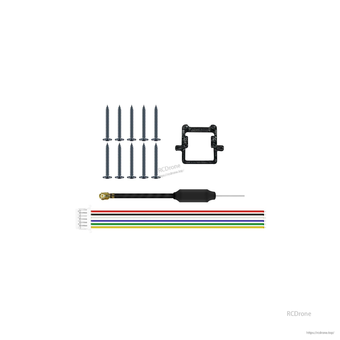 Included accessories: screw set, small mounting bracket, antenna lead, and multicolor wire harness