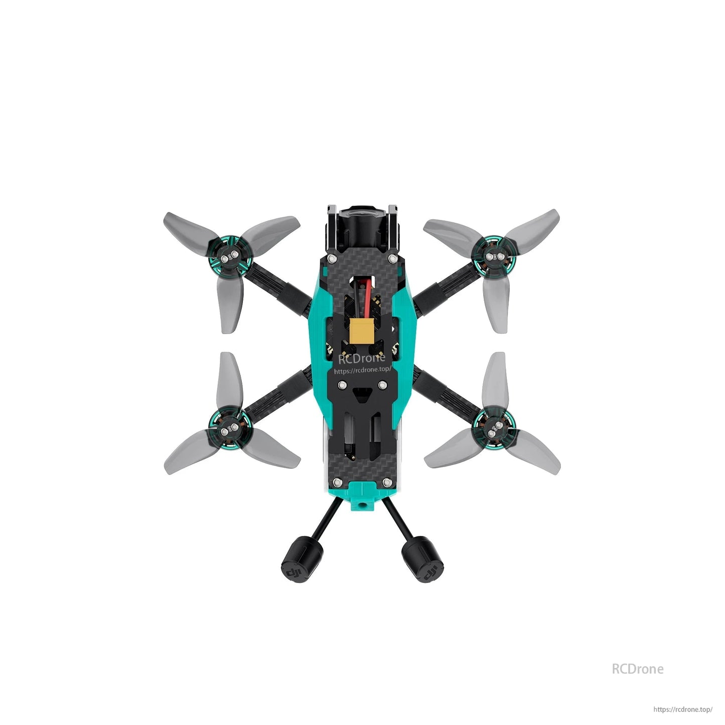 Top-down view of quadcopter showing full frame layout, motors, props, and top-mounted electronics