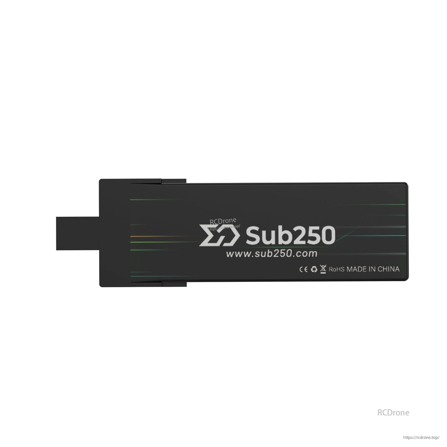Back side of Sub250 battery showing logo, sub250.com, CE/RoHS markings and Made in China text