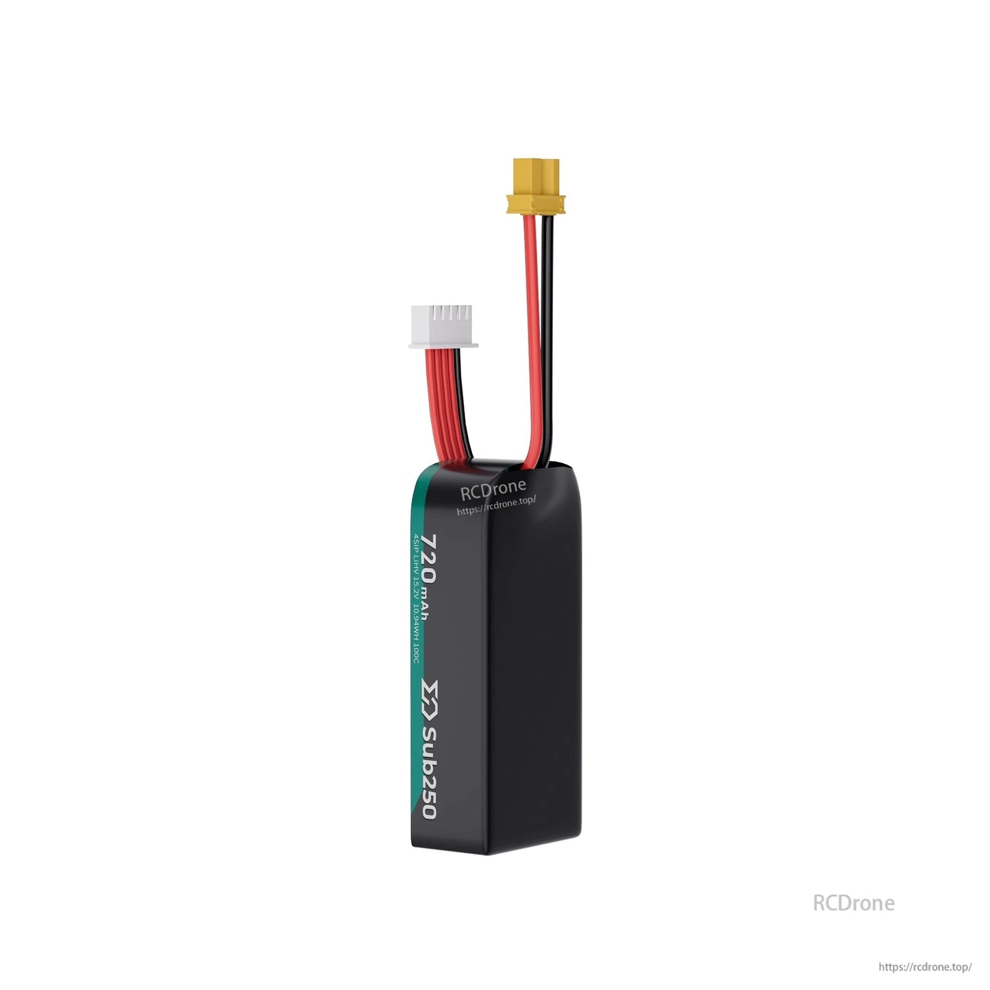 Upright black-side view of Sub250 720mAh LiHV battery with XT30 plug and white balance connector