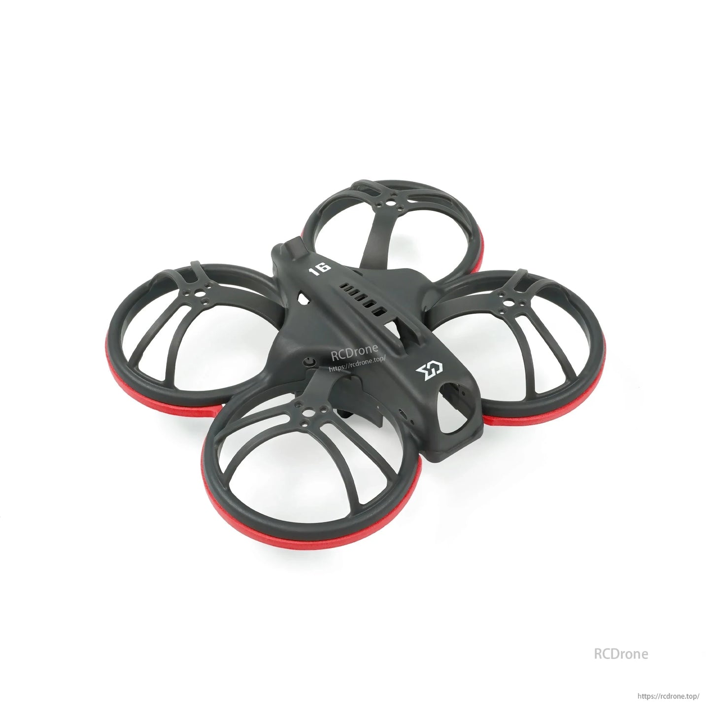 Angled top view of whoop frame with red bumper rings and vented center spine