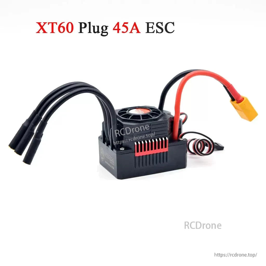 XT60 plug 45A ESC variant, rear angle showing three motor wires, fan top, and power connector
