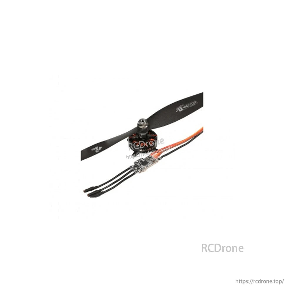 T-Motor brushless drone motor with propeller and attached ESC wiring harness on white background