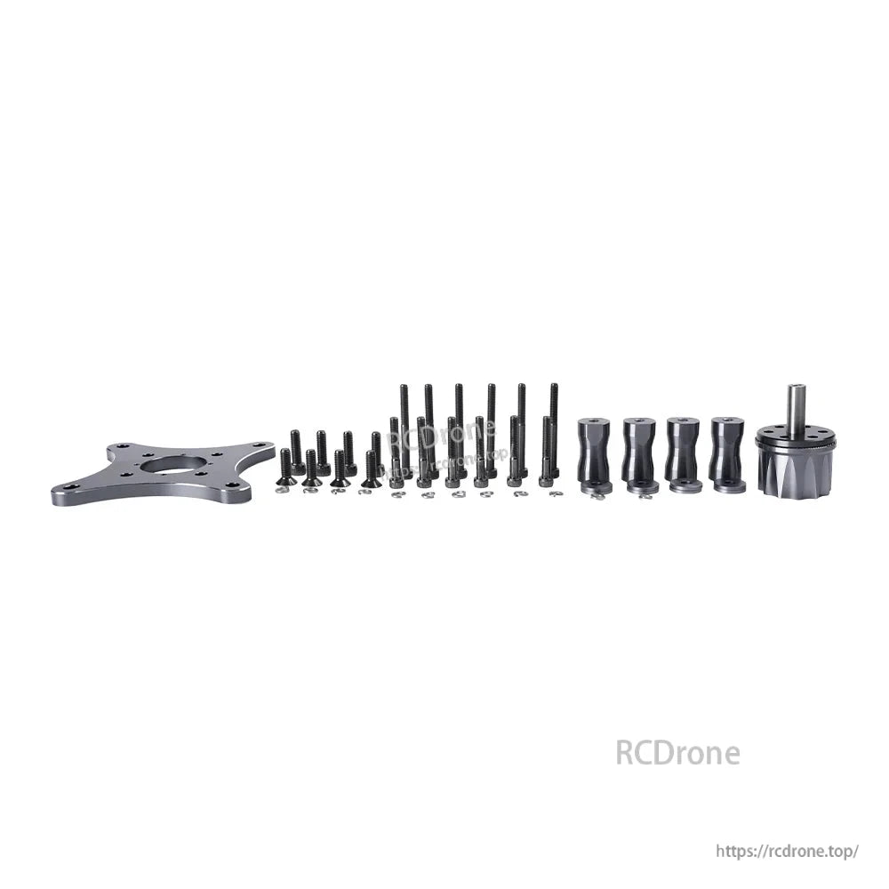 T-Motor hardware set with metal mounting plate, assorted screws and standoffs alongside a small motor unit
