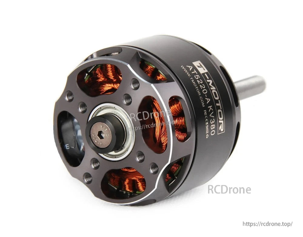 T-Motor AT5220-A KV380 brushless outrunner motor with black housing, copper windings, and front mounting plate