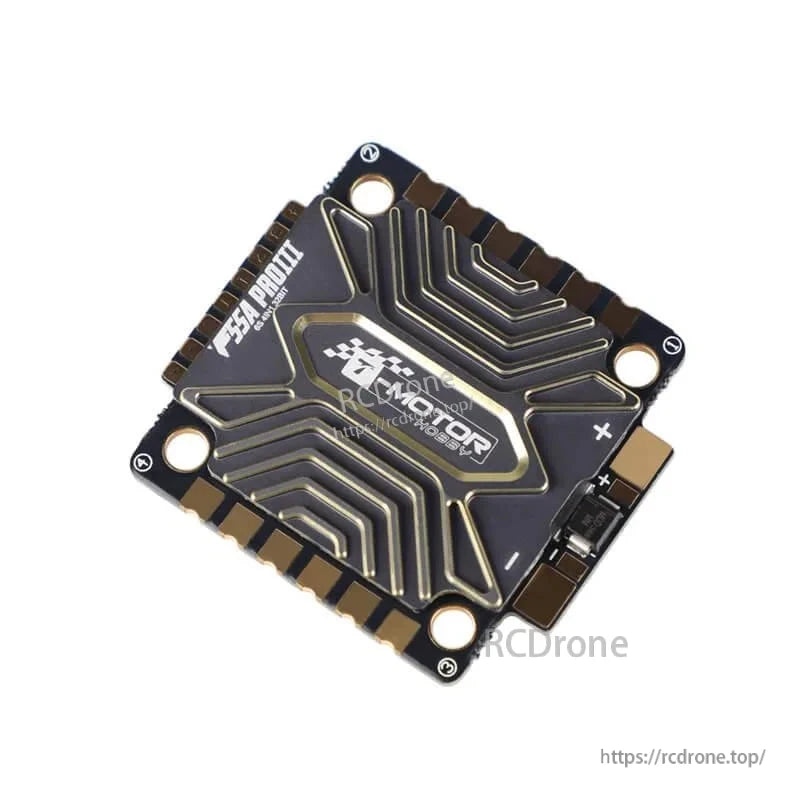 T-Motor F55A Pro III 4-in-1 ESC board with aluminum heat spreader pattern, motor pads, and mounting holes