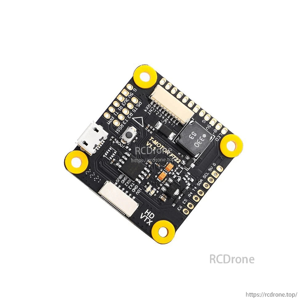 T-Motor F7 HD Flight Controller, T-Motor F7 HD drone flight controller board with micro USB port, plug connectors, and four mounting holes