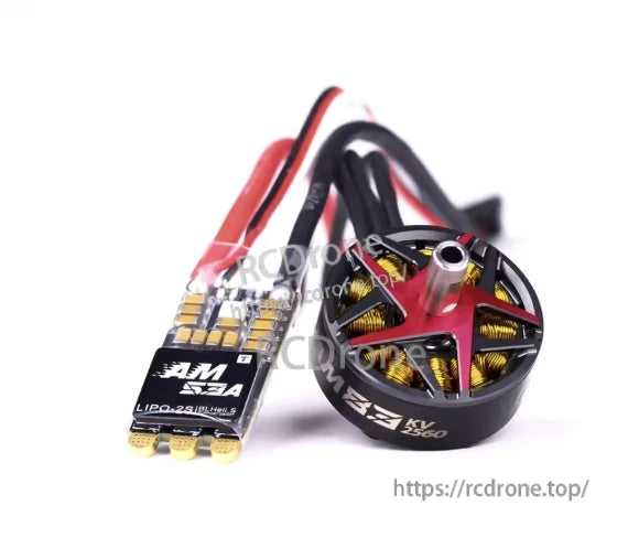 T-Motor, Mini FPV brushless motor marked F25 2550KV with an AM32 LiPo 2–3S ESC board and wiring harness