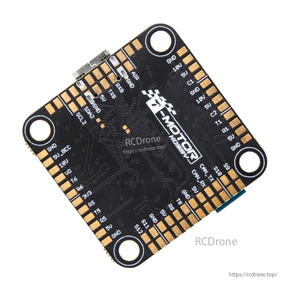 T-Motor Pacer H7 flight controller board with four mounting holes and labeled solder pads for power, UART, I2C and CAN