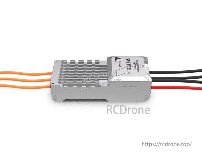 T-Motor V120A 24S UAV ESC with finned aluminum heatsink and red/black power leads plus three motor wires