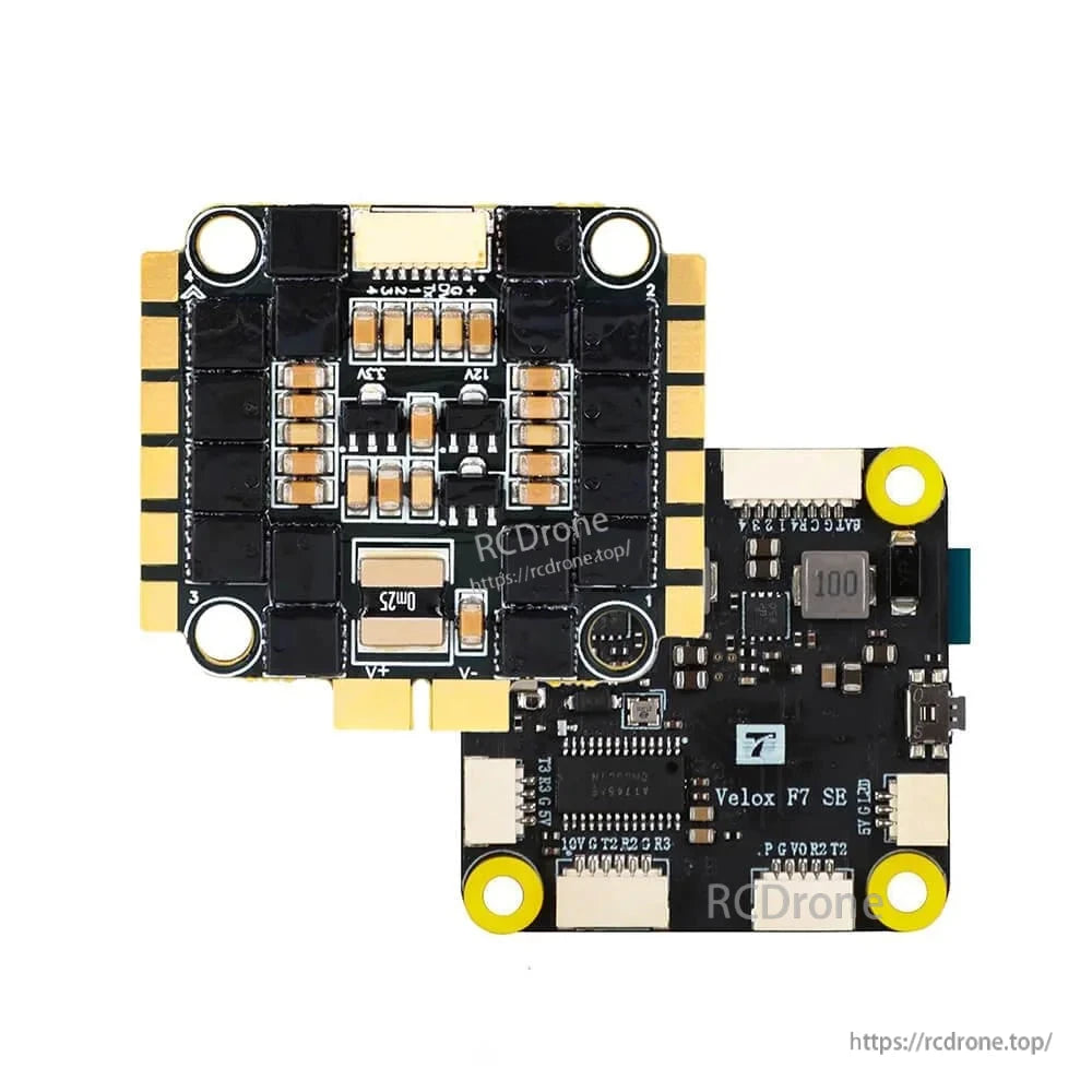 T-Motor Velox F7 SE flight controller and 4-in-1 ESC boards with connector ports, solder pads, and mounting holes