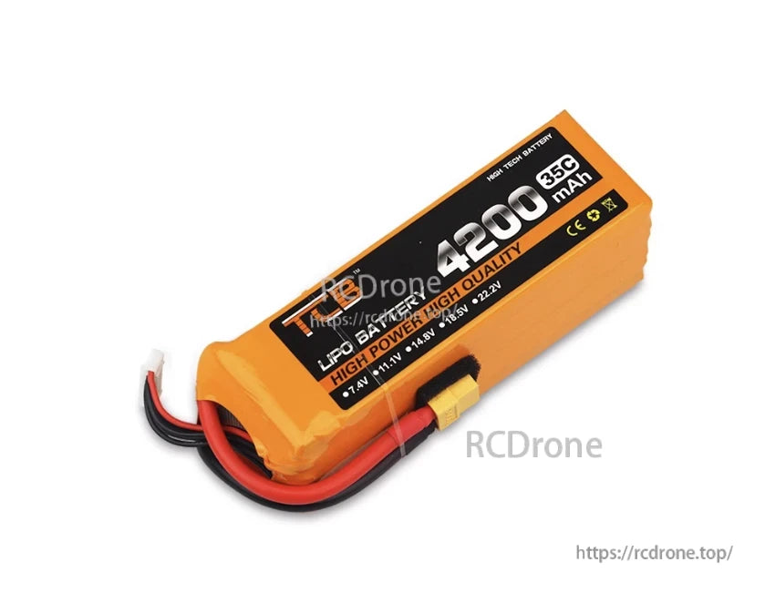 TCB 4200mAh 35C LiPo Battery, High-quality 4200mAh 35C LiPo battery, 7.4V–22.2V, with XT60 plug, ideal for RC planes, FPV drones, helicopters, and cars.