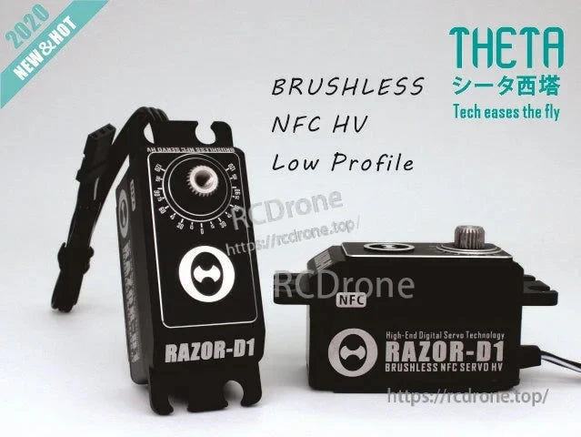 THETA Razor-D1 NFC HV Low Profile Brushless Servo, THETA Razor-D1 low profile brushless servo with NFC marking and attached lead, shown beside Razor-D1 packaging