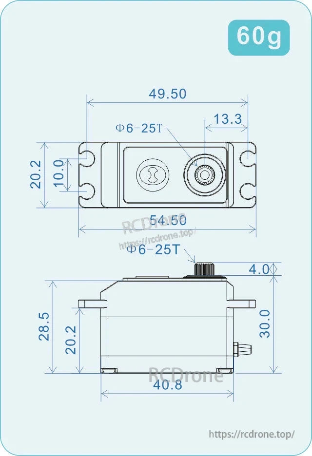 THETA Razor-DH1 low profile servo dimension drawing showing 60g weight and 49.5mm x 30mm sizing