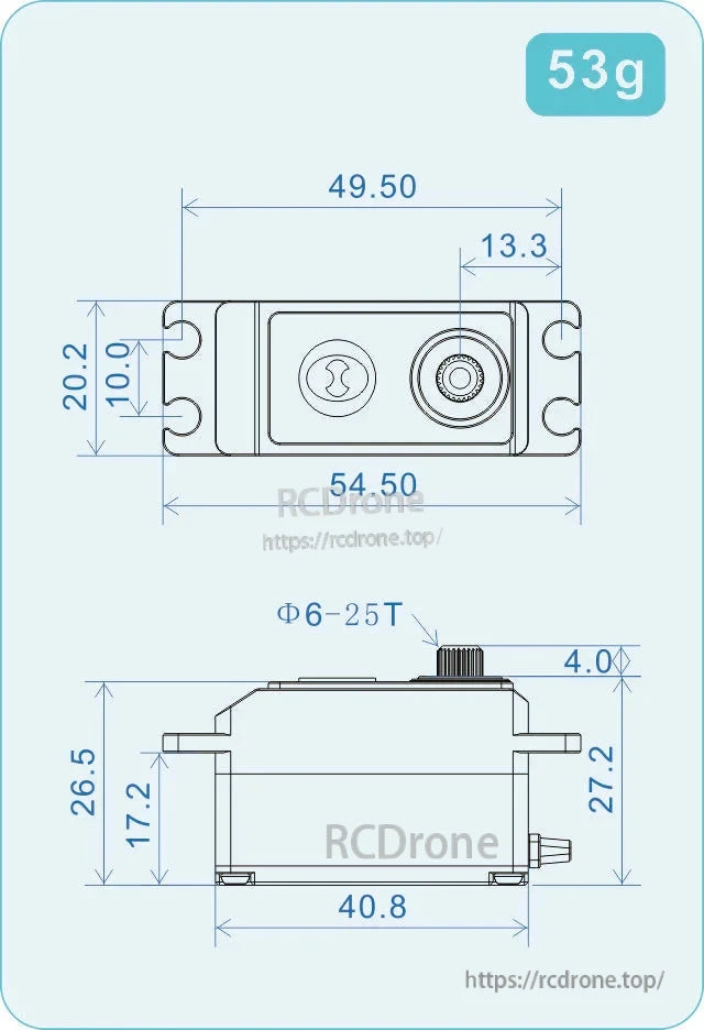 Dimension drawing of THETA Razor-DT1 low profile tail servo showing 54.5 mm length, 20.2 mm height, 53 g weight